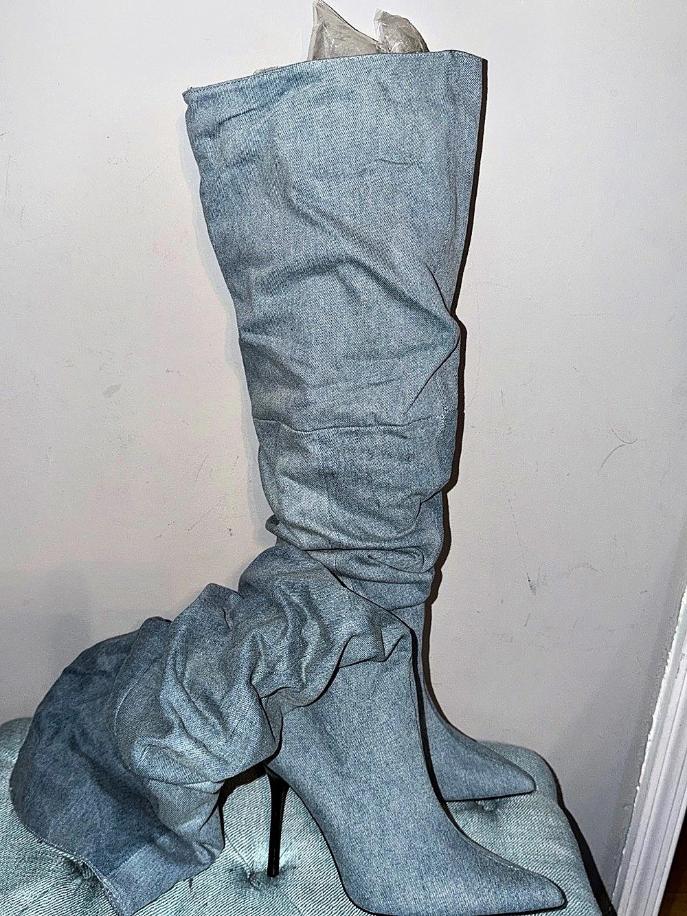 ZARA Denim Over-The-Knee Slouch Boots Blue
